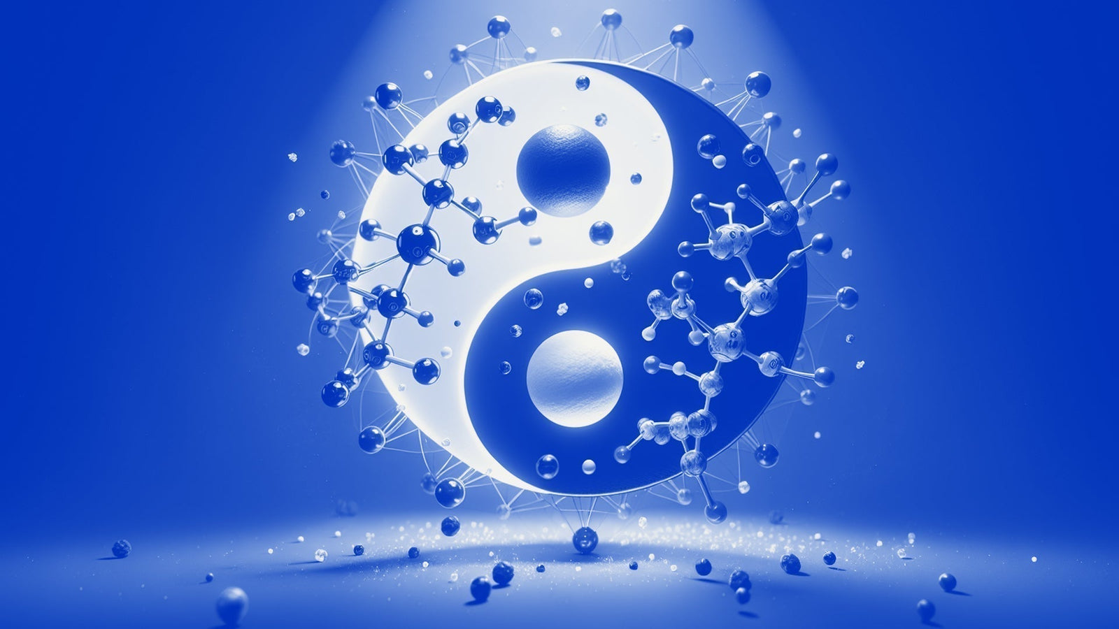 A ying yang with molecules surrounding it