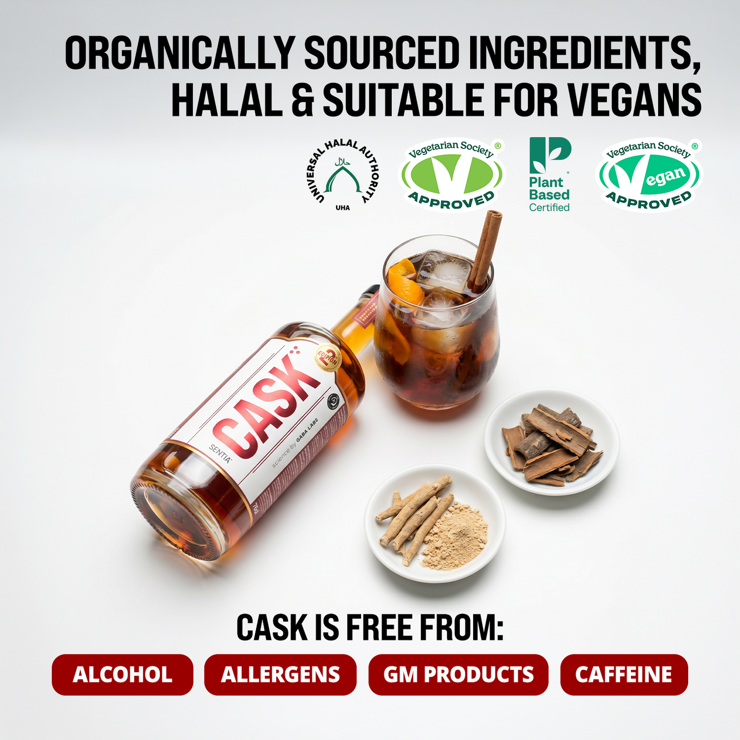 0.5% abv, halal certified, Low-calorie, vegan, gluten-free, caffiene free